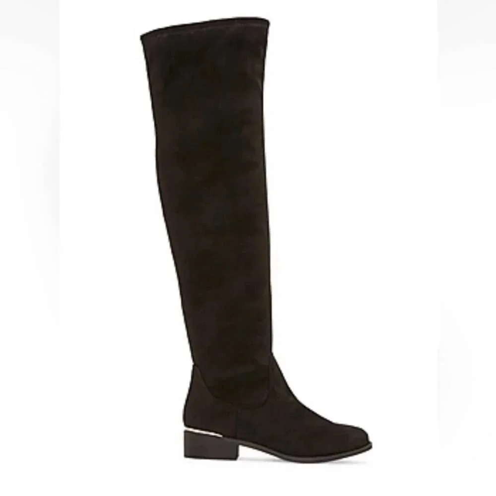 Worthington Palmetto Black Over The Knee Boots Faux Suede Gold Trim Mens 7.5 NEW